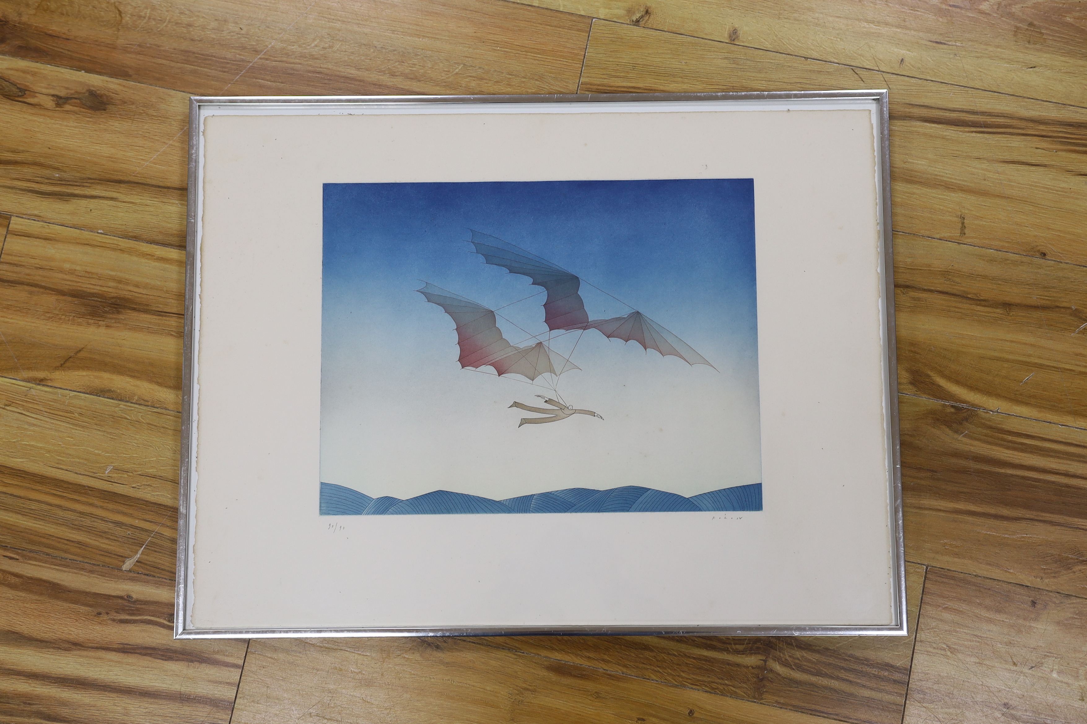 Jean Michel Folon (Belgian, 1934-2005), colour etching, ‘Partir’, signed in pencil, limited edition 90/90, 51 x 67cm